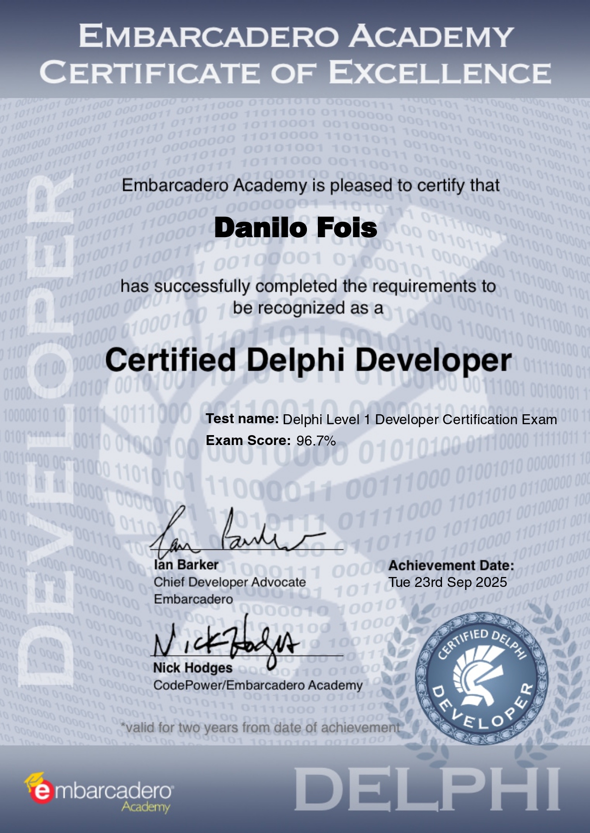 Certificado Delphi Developer